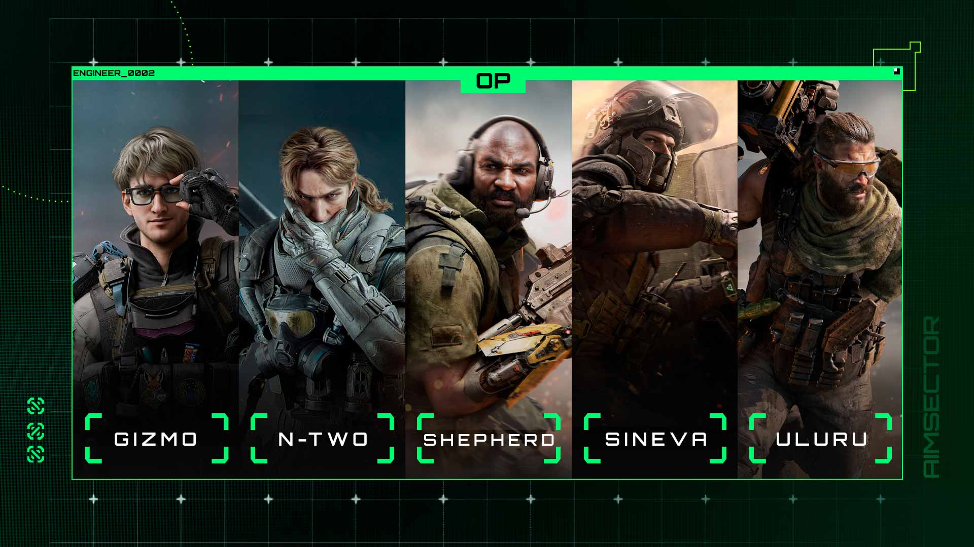 Delta Force Engineer operators Gizmo, N-Two, Shepherd, Sineva, and Uluru