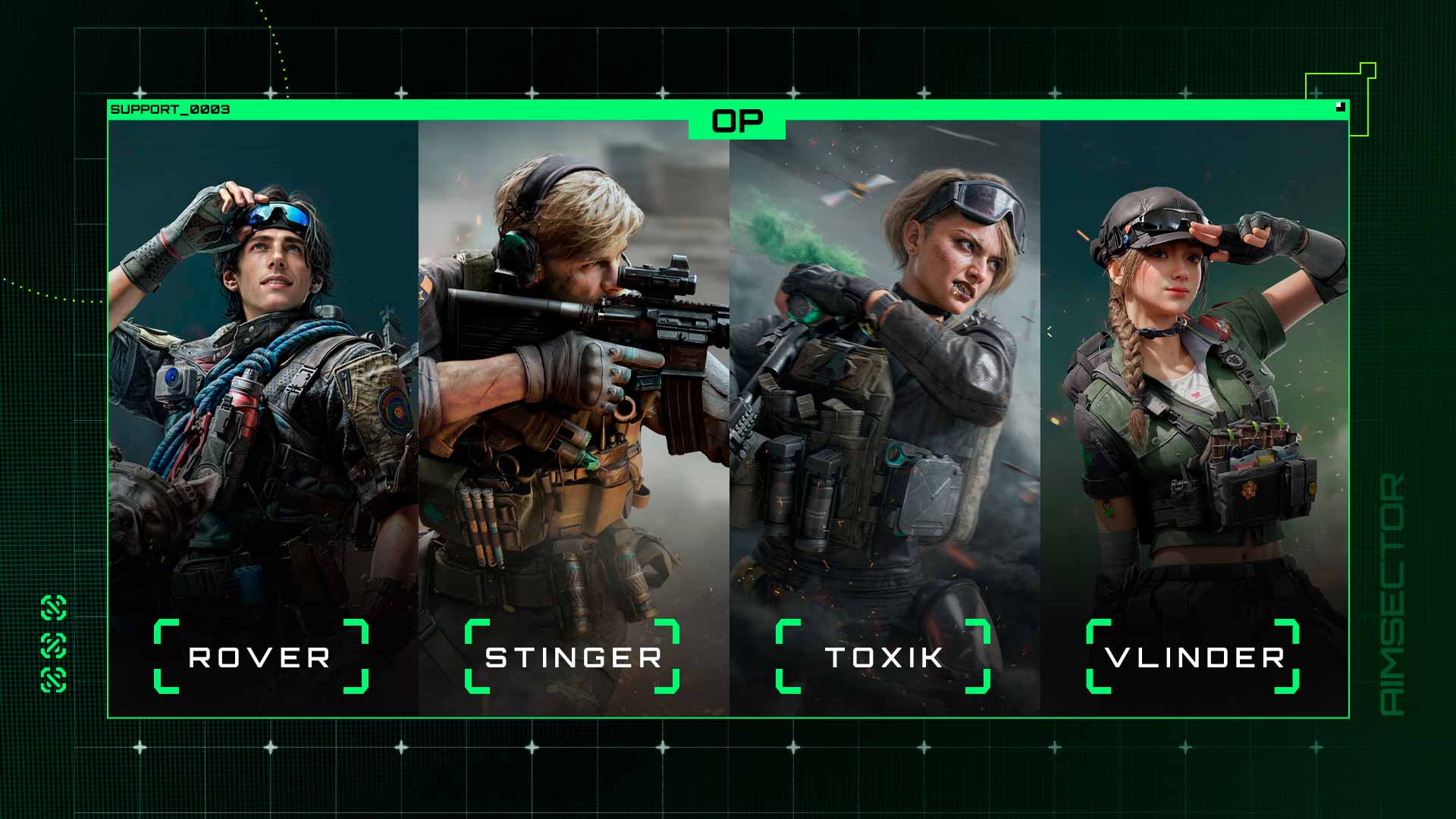 Delta Force Support operators Rover, Stinger, Toxik, and Vlinder